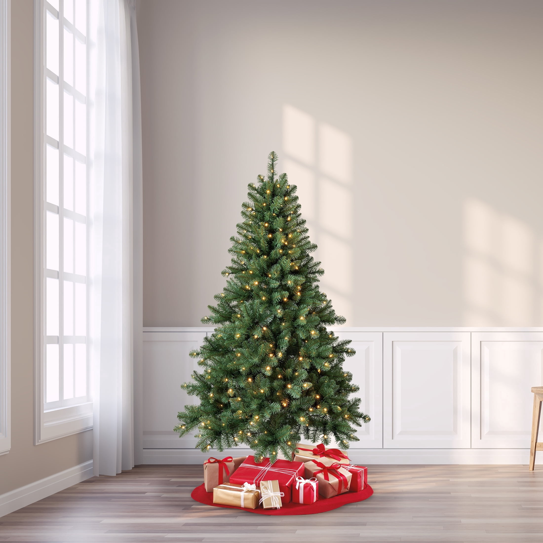 6.5' Pre-Lit Windham Spruce Green Artificial Christmas Tree with 300 Warm White LED Lights and Stand, by Holiday Time