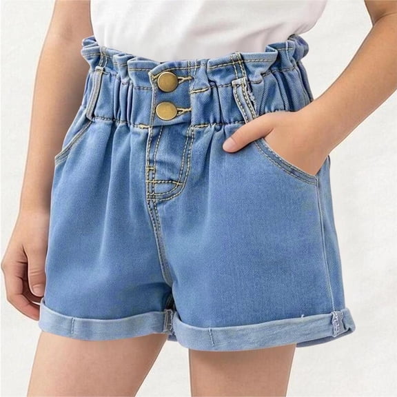 LJEFF Girls Paperbag Waist Denim Shorts, Buttons Pocketed High Waist Cuffed Hem Shorts for Kids Blue Size 6