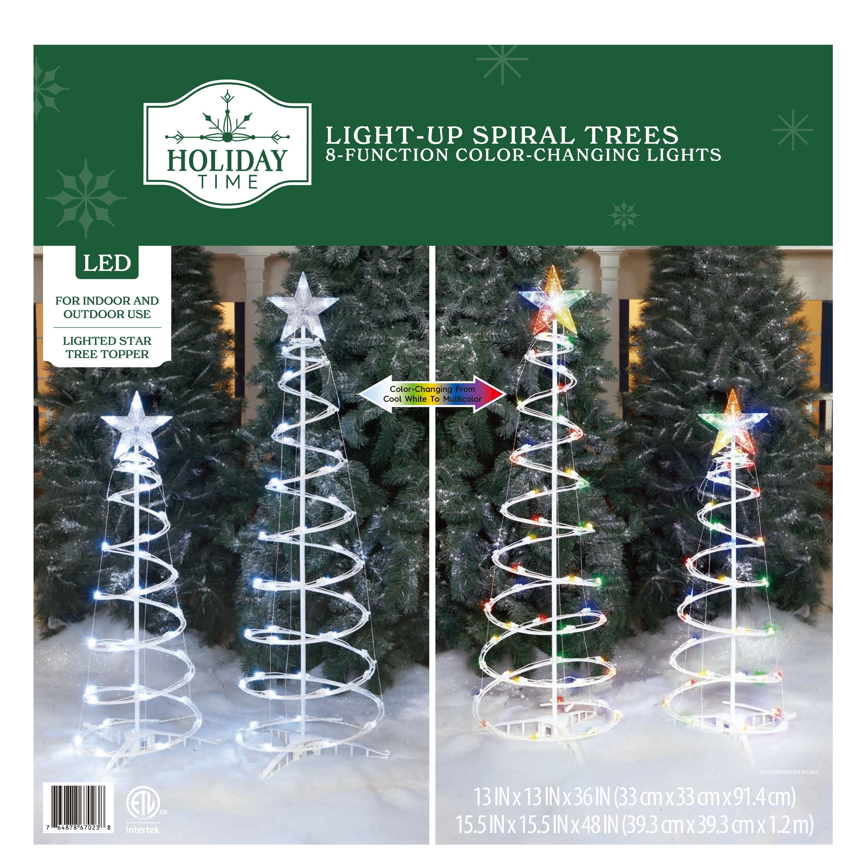 Indoor/Outdoor LED 8-Function Color-Changing Spiral Christmas Trees, Cool White to Multicolor, Set of 2, by Holiday Time