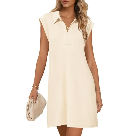 Vestido MEROKEETY para mujer 2025, verano, manga corta, cuello en V, beige