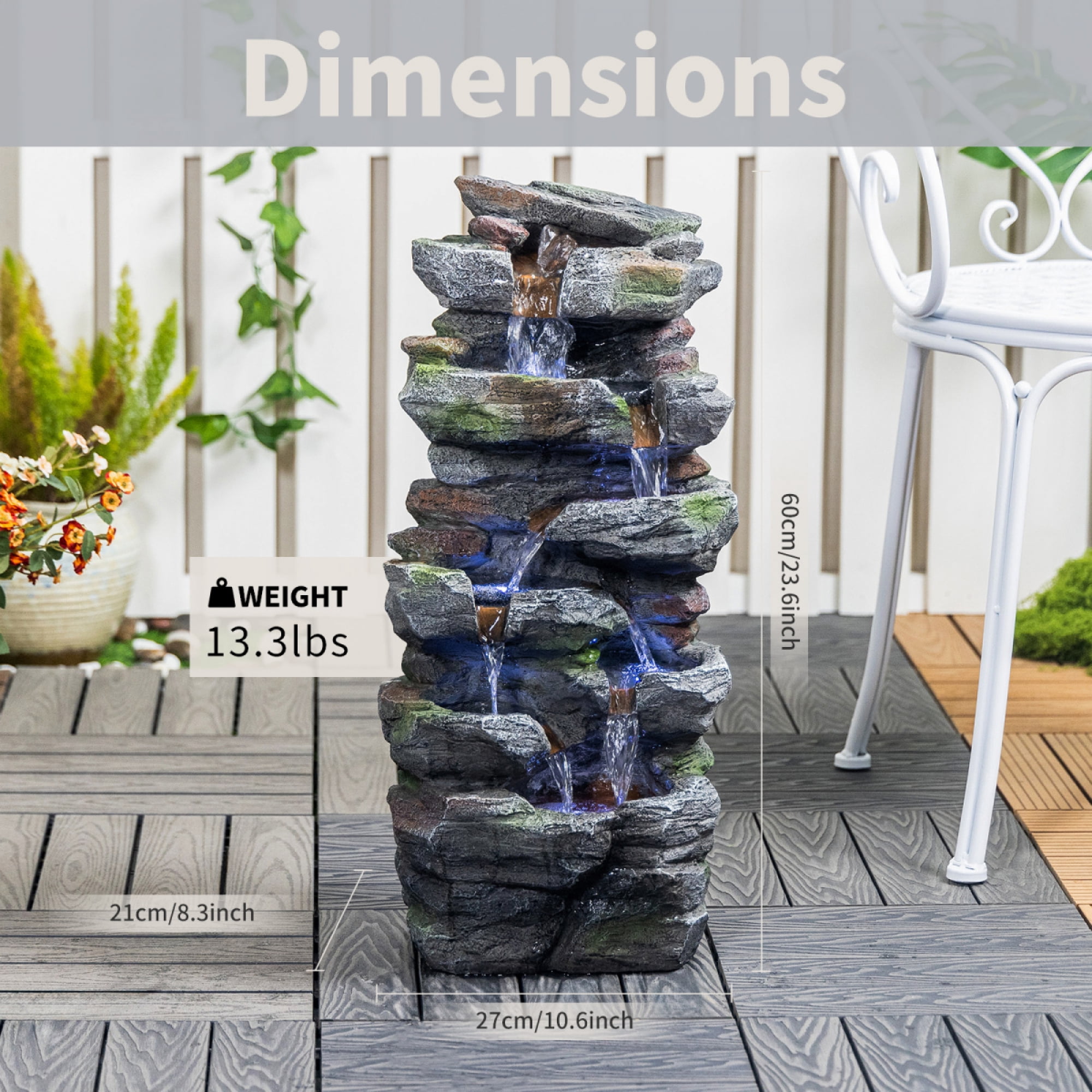 24" Outdoor Rock Waterfall Fountain with Cool LED Lights, 5-Tier Cascading Resin Water Feature for Serene Garden, Patio, Backyard and Porch Decor