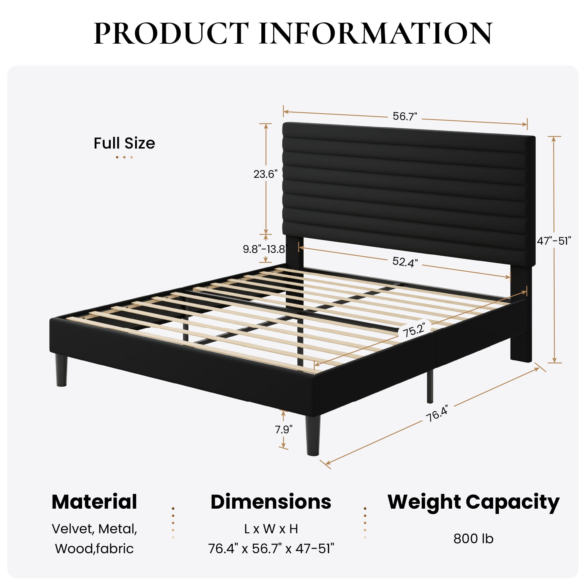 Sha Cerlin Full Size Platform Bed Frame with Velvet Adjustable Headboard, No Box Spring Needed, Black