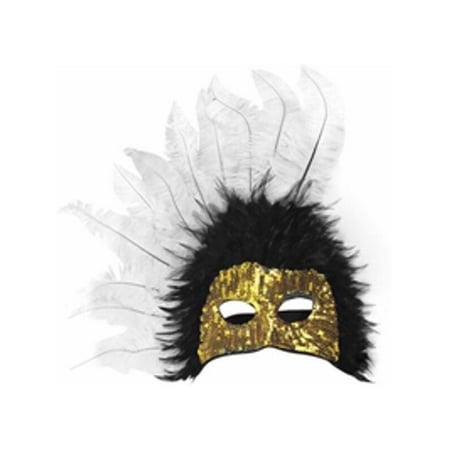 Adult Black & White Feather Gold Sequin Half Mask
