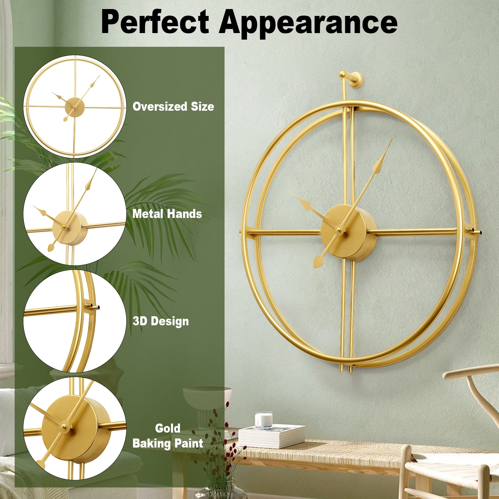 Gold Brass Wall Clock 24 Inch Wall Clocks for Living Room Decor Mordern Decorative Clock Minimalism Non Ticking Battery Operated Metal Clock for Living Room Kitchen and Office
