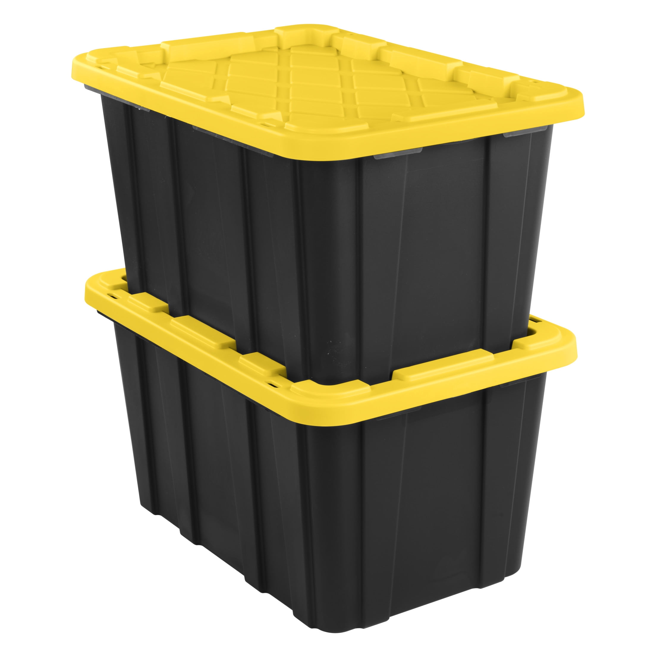 Sterilite Large Storage Bin, 27 Gallon Durable Plastic Storage Tote with Snap-On Lid, Black and Yellow, 6 Pack