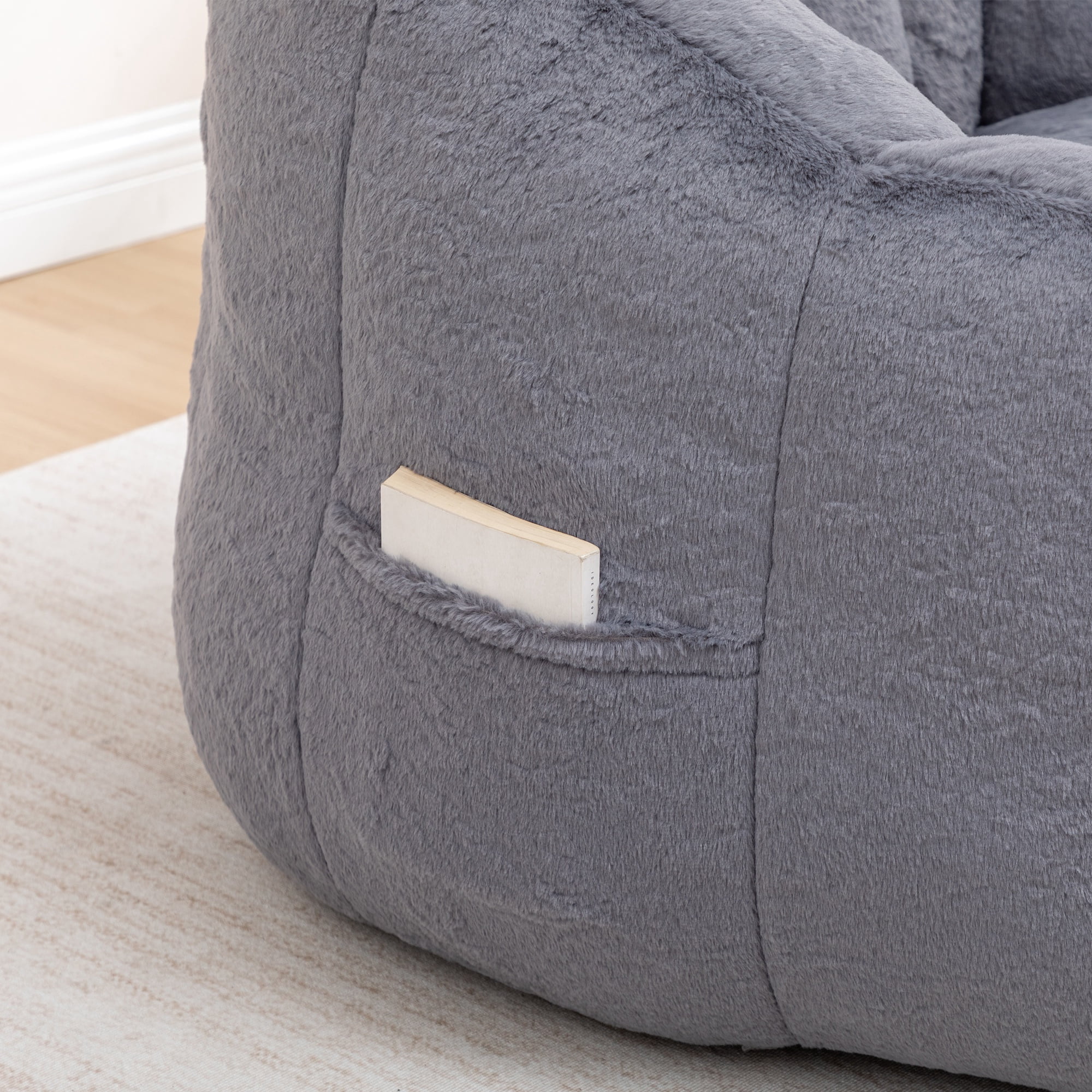 PAPROOS Oversized Bean Bag Chair for Adults, Gray Faux Fur Memory Foam Bean Bag Sofa, Pre-Filled Comfy Lazy Sofa Chair with Removable Cover for Living Room Bedroom Dorm