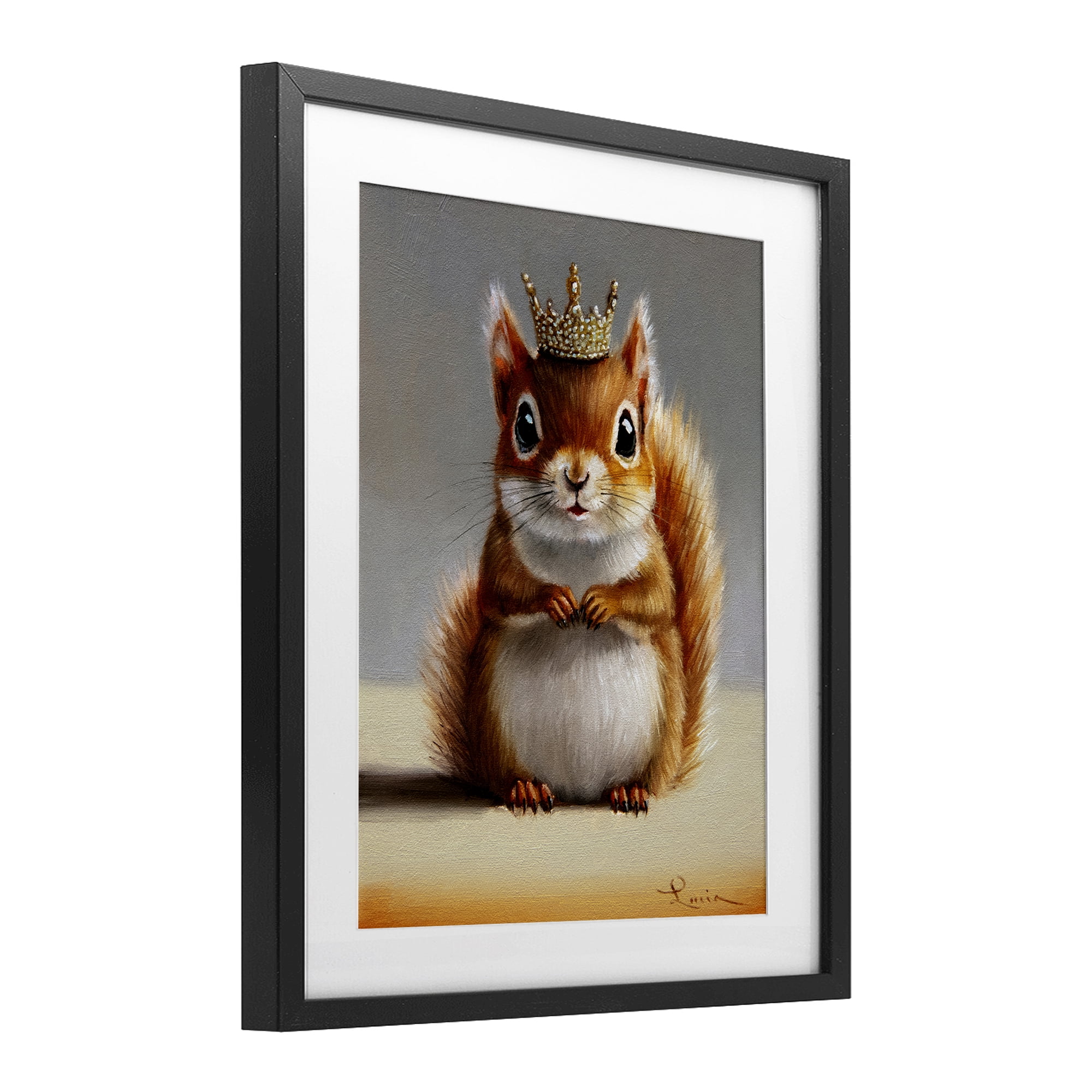 Fancy Crowned Squirrel Black Framed Print Under Glass, design by Lucia Heffernan