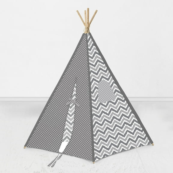Bacati Mix N Match Ikat Chevron/Dots, Grey Teepee Tent for Kids/Toddlers, 100% Cotton Breathable Percale Fabric Cover