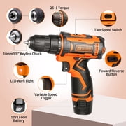 BIHOO 12V Cordless Power Drill Set, Electric Power Driver Kit, with Battery and Charger, 2Variable Speed for Home DIY, with Drills Bits Set, Black and Orang