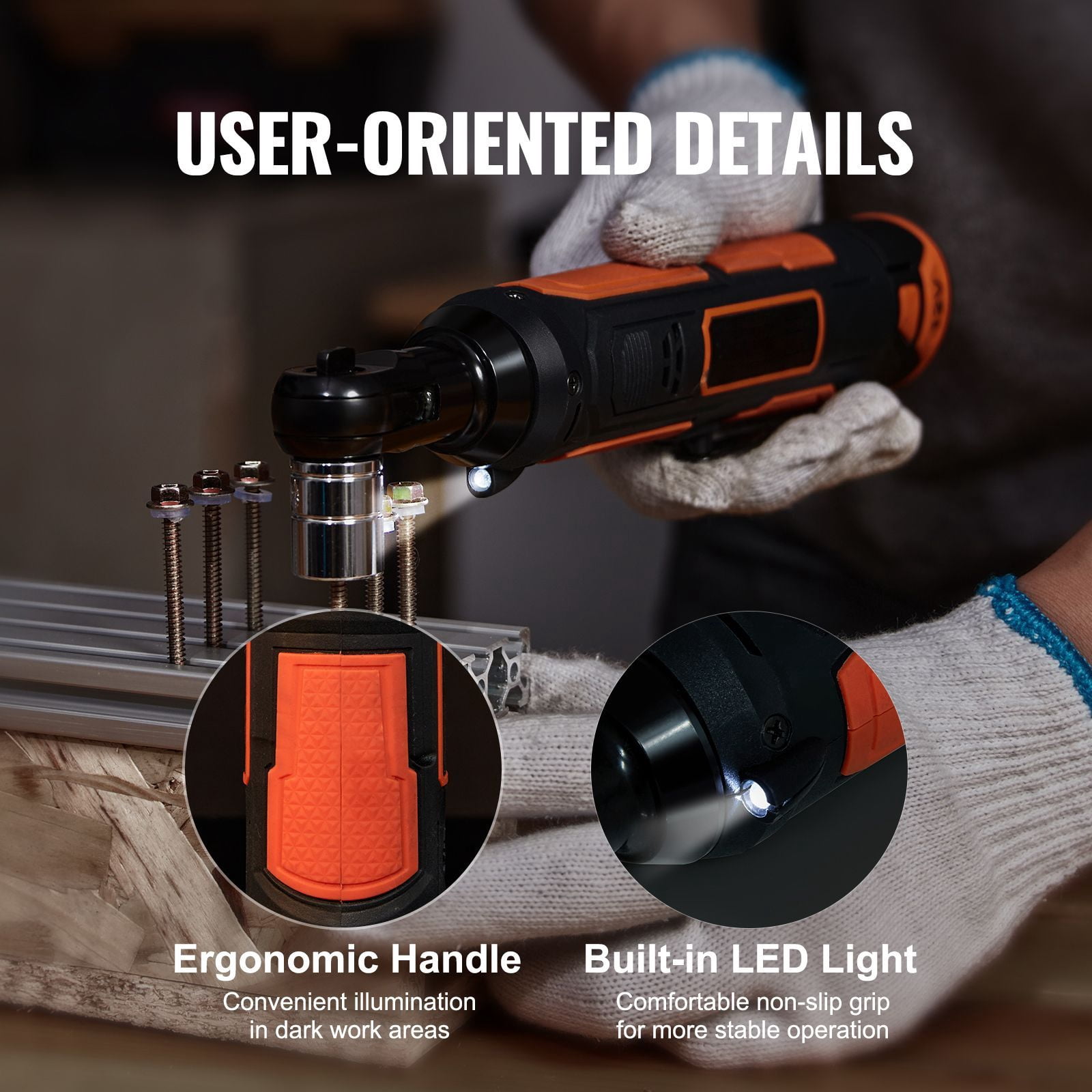 Cordless Electric Ratchet Wrench, 3/8 Inch, 33 ft-lbs Torque, 12V Motor, 2 x 2.0Ah Batteries, Fast Charging, 9 Sockets, LED Light, for Automotive & Mechanical Repairs