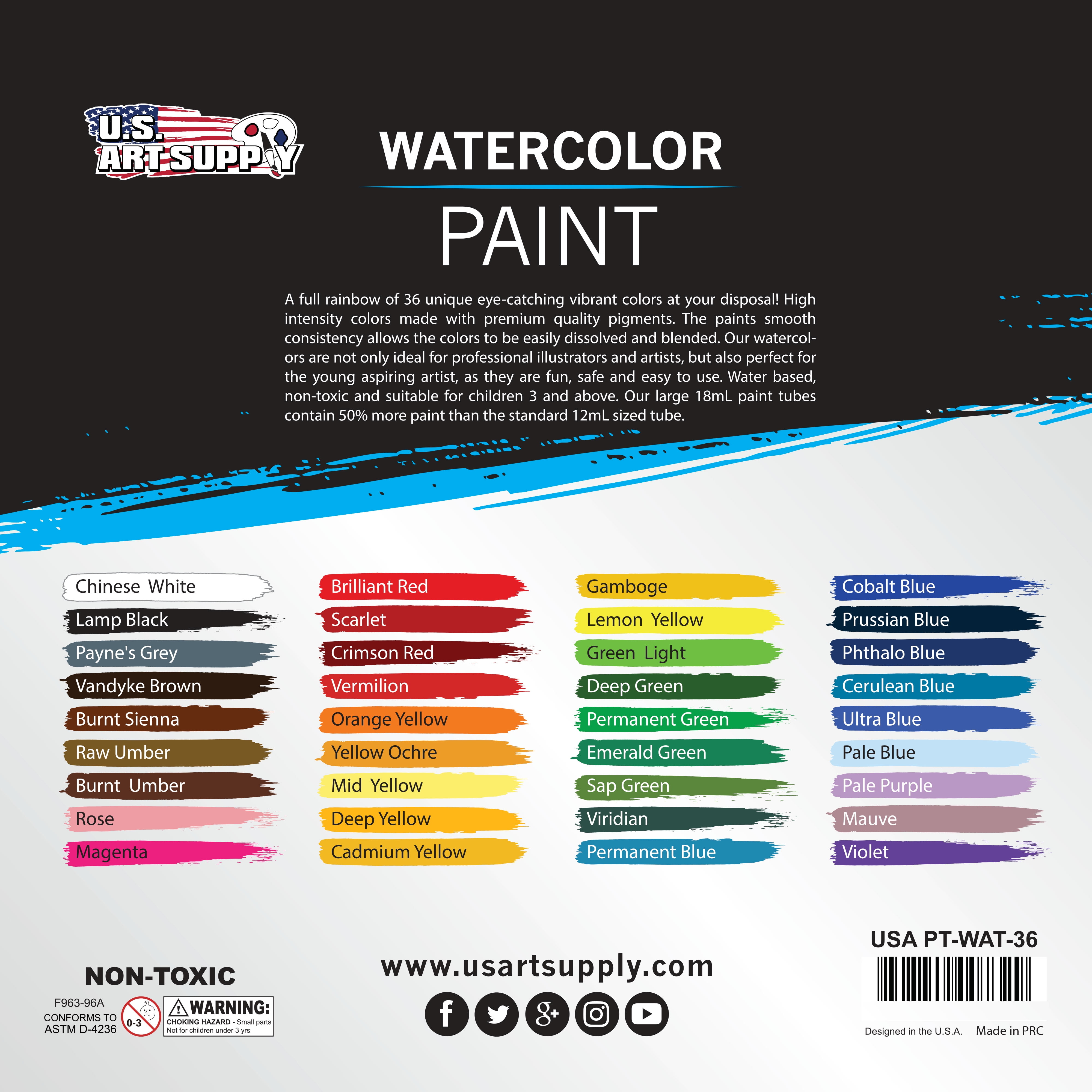 U.S. Art Supply 18ml Large Tube Premium Vivid Watercolor Artist Paint Set (36-Colors) Includes Bonus Color Mixing Wheel