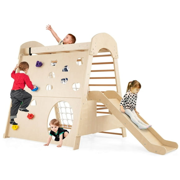 Costway 8-in-1 Indoor Jungle Gym Wooden Playground with Climbing Wall, Net, Ladder