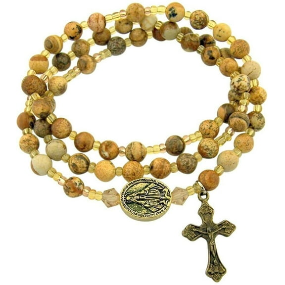 Twistable Rosary Bracelet Miraculous Medal Crucifix Simulated Jasper Stone Prayer Bead