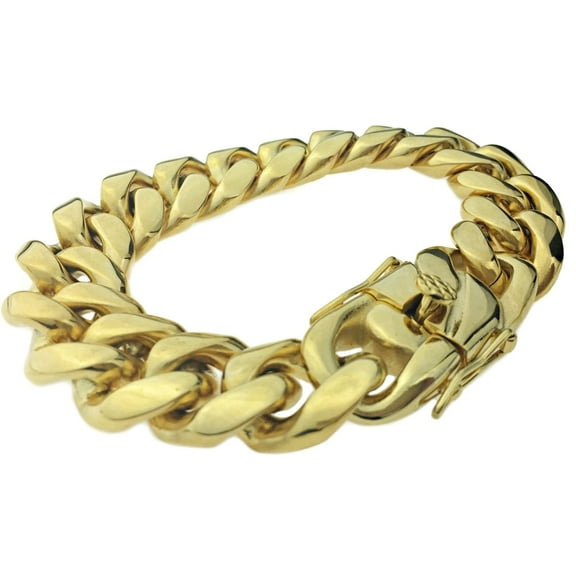 Mens 24K Gold Plated Bracelet 18MM Heavy Solid Stainless Steel Hip Hop Miami Cuban Link 8.5 Inch