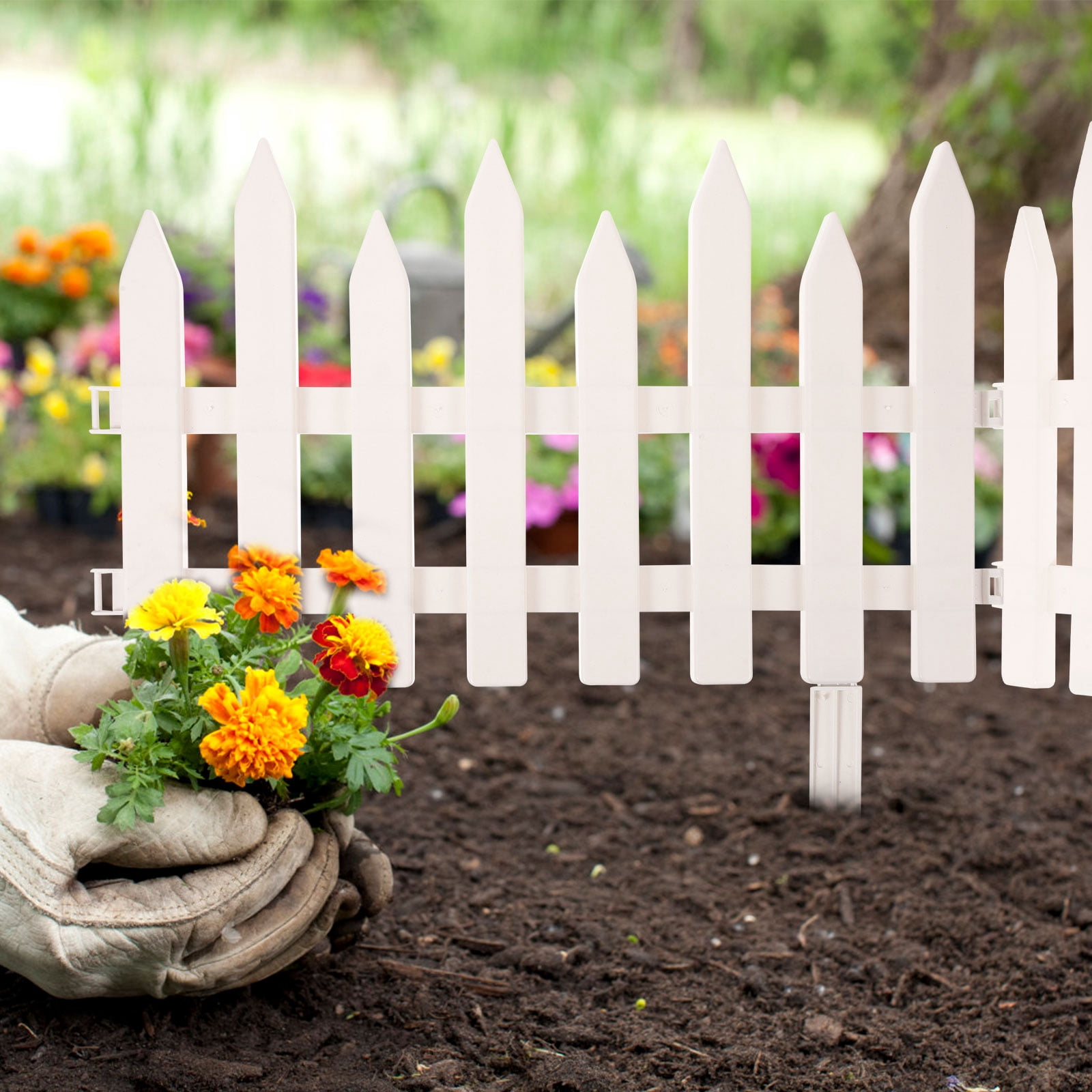 UPOUART 4Pcs Plastic Garden Fence Edging White Pointed Top Decorative Outdoor Decoration 19.65x11.79x0.59in