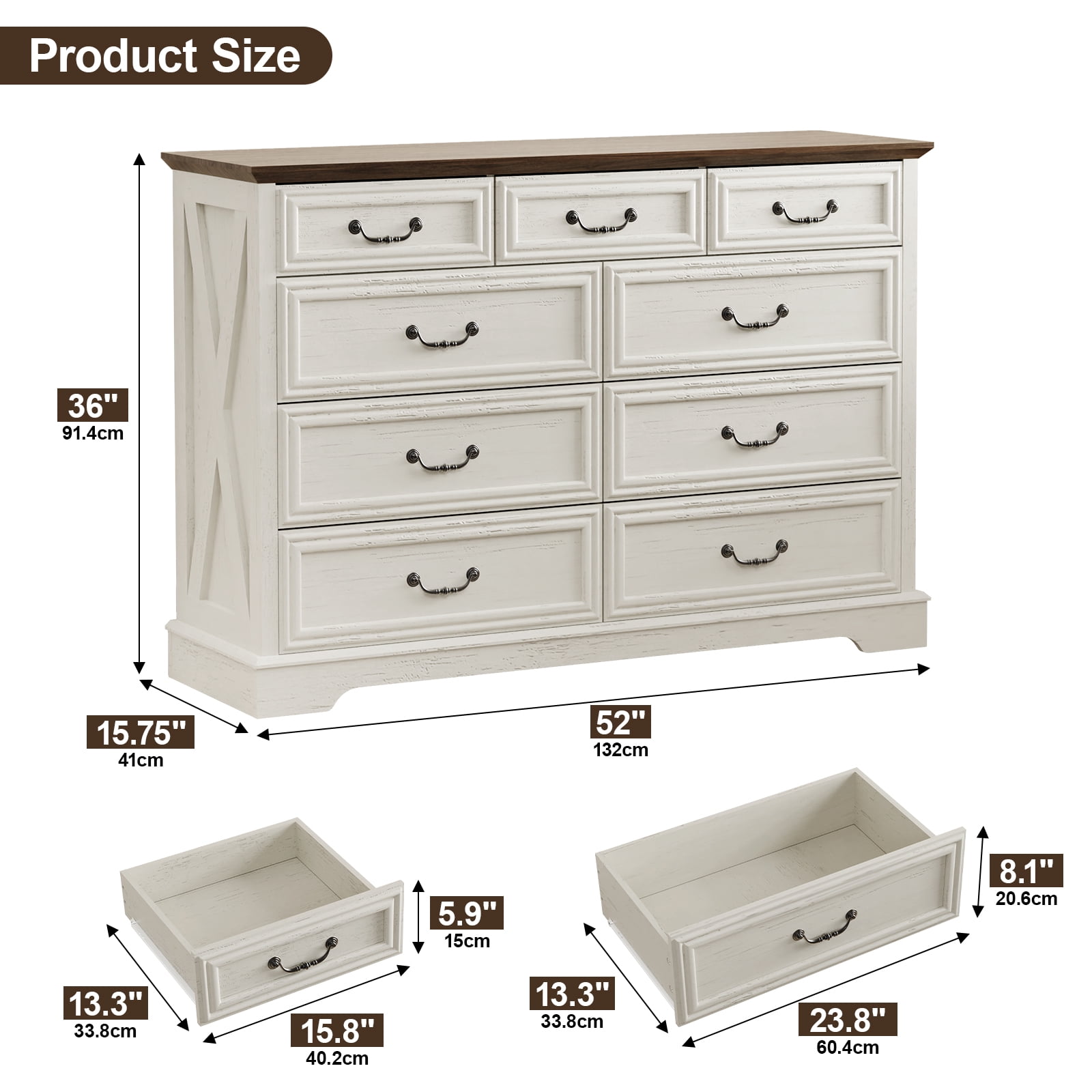 Vintage 9-Drawer Dresser with Antique Handles - Versatile Chest of Drawers for Bedroom, Living Room, Entryway & Hallway