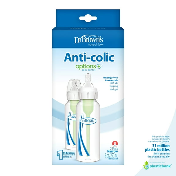 Dr. Brown's Natural Flow Anti-Colic Options Narrow Baby Bottle, 8oz, Slow Flow, 0m , 2 Pack