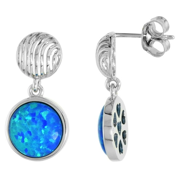 925 Sterling Silver Synthetic Opal 10mm Half Ball Round Dangle Earrings 22mm
