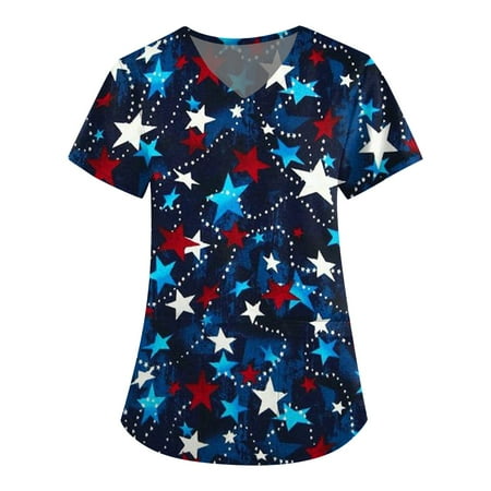 

XHJUN Scrub Tops Women Healing Hands American Flag Print Scrub Tops V-Neck Independence Day T Shirts Workwear Nurse Uniform Tee with Pockets S-5xl Black XXXL