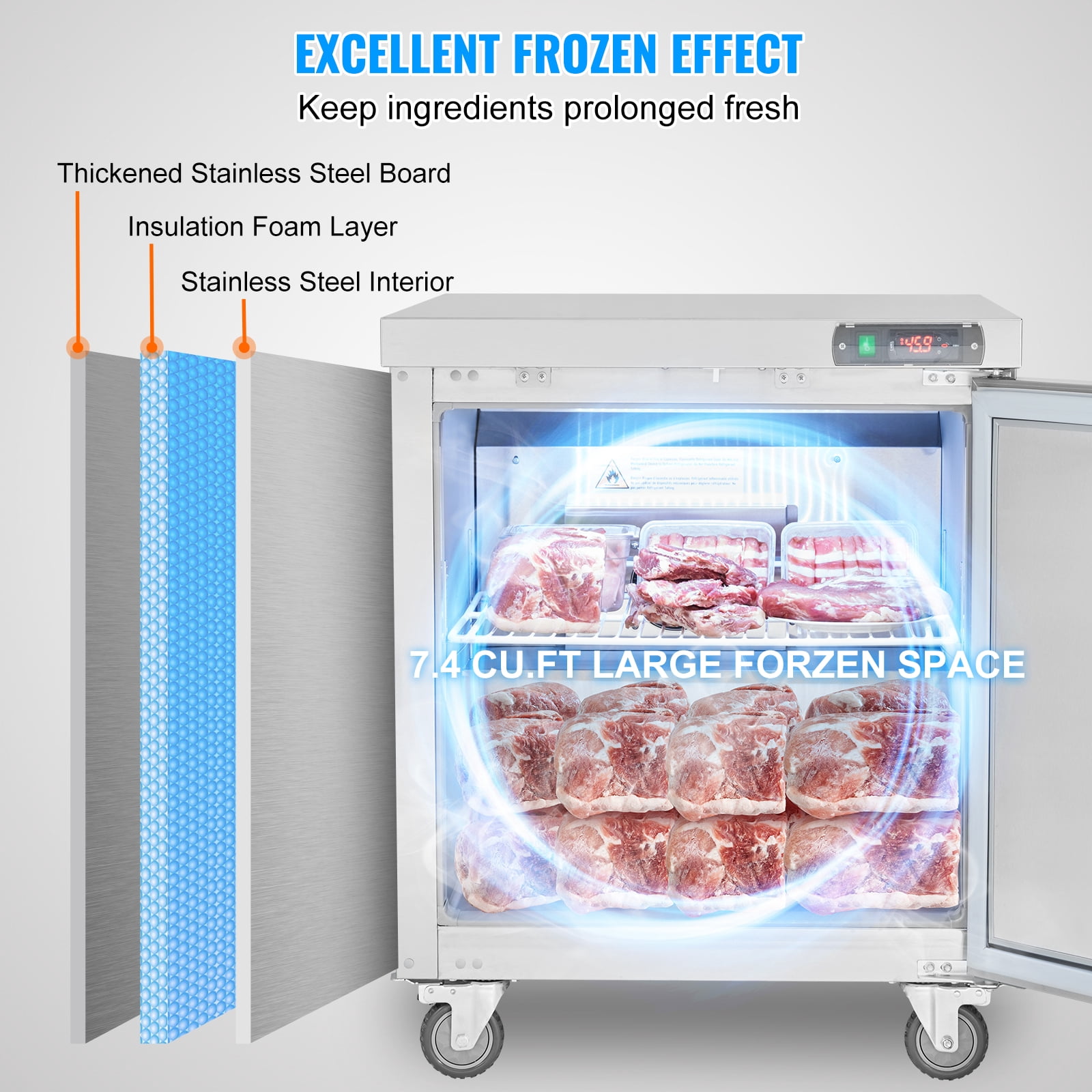 VEVOR 28" Commercial Frozen Refrigerator Sandwich & Salad Prep Table, 7.4 Cu. Ft Stainless Steel Refrigerated Food Prep Station with 1 Door, Frost Free Refrigerator