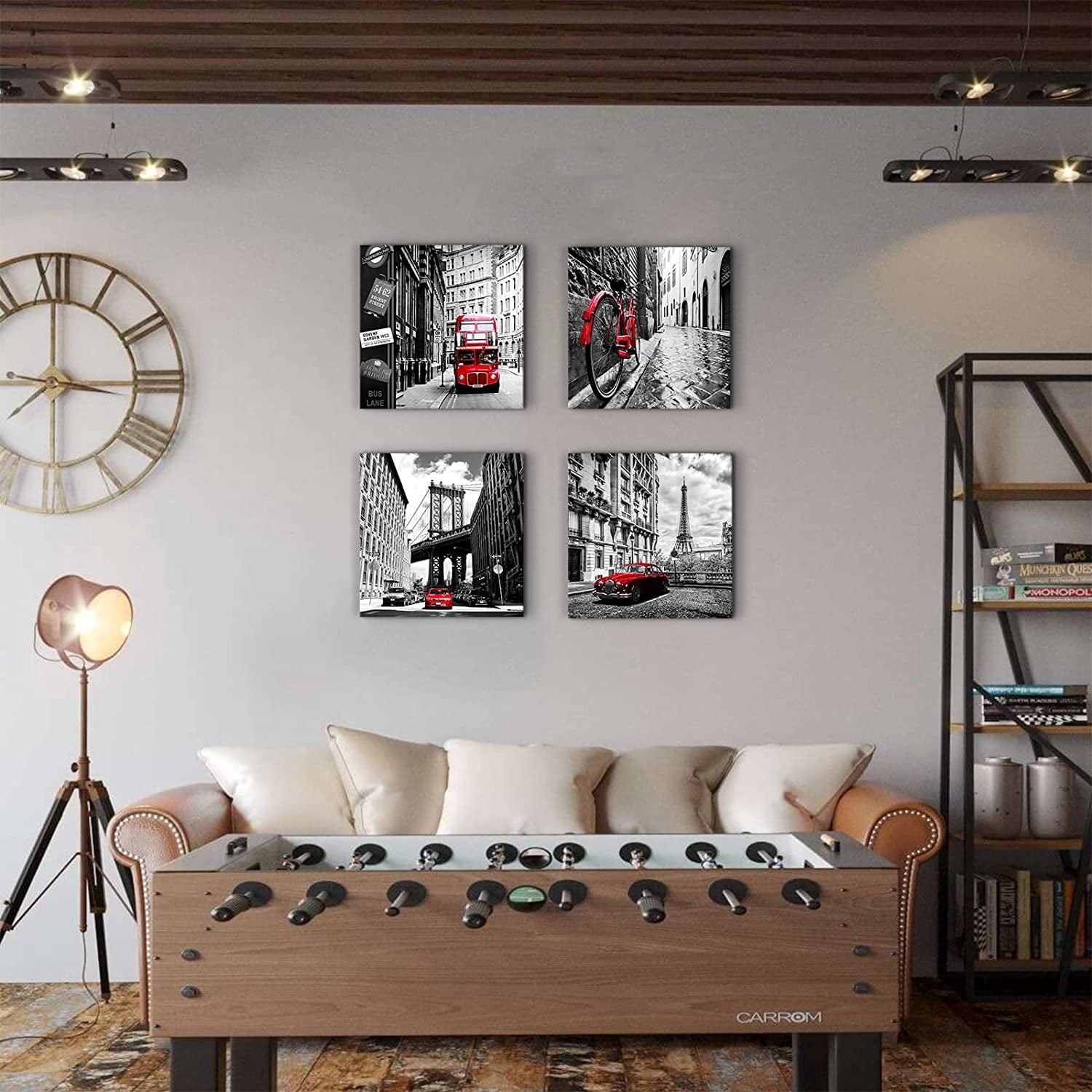Black and White City Wall Art Red Paris Wall Decor for Bathroom Living Room New York London Italy Cityscape Pictures Canvas Prints Modern Framed Artworks Bedroom Office Kitchen Decorations 16×16" 4 P