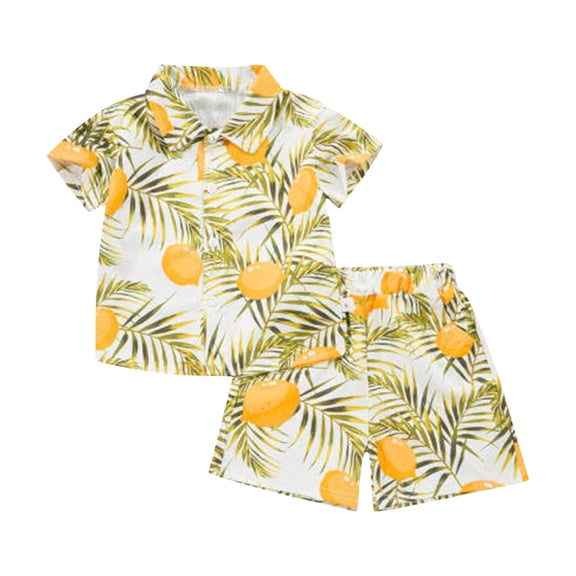 Bmisegm Boys Summer Outfits Beach Button Down Printed Short Sleeve Shirt and Shorts Two Piece Combo Kids Outfits Yellow_008 12-18 Months