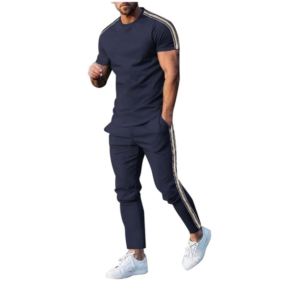 JIKNTTR Men's 2 Piece Outfits Sets Fashion Men's Tracksuits Side Stripes Casual Fashion Round Neck Short Sleeve Pants Set Casual Beach Shorts Suit