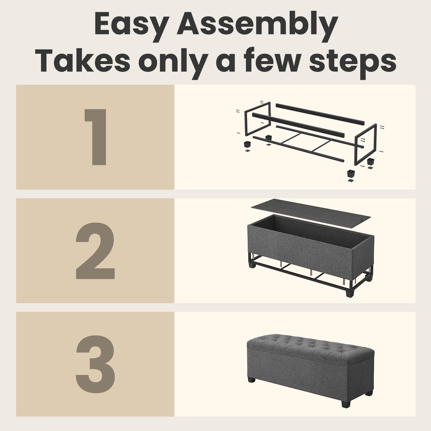 LEDREM Storage Ottoman Bench, 43" End of Bed Bench with Removable Cover, 660lb Capacity, for Living Room, Bedroom, Dark Gray