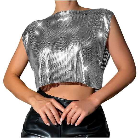 Kilaqueen Sparkly Sequin Tank Tops for Women Crew Neck Sleeveless Sexy Camisole Vest Fashion Club Party Disco Tank Tops