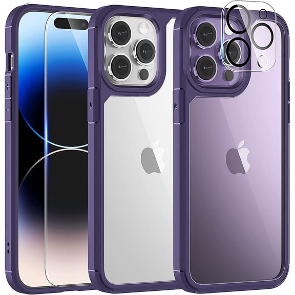 [5 in 1] for iPhone 14 Pro Case Clear, [Not Yellowing] with 2X Tempered Glass Screen Protector   2X Camera Lens Protector, [Military Grade Drop Protection] Shockproof Slim Phone Case 6.1 Inch
