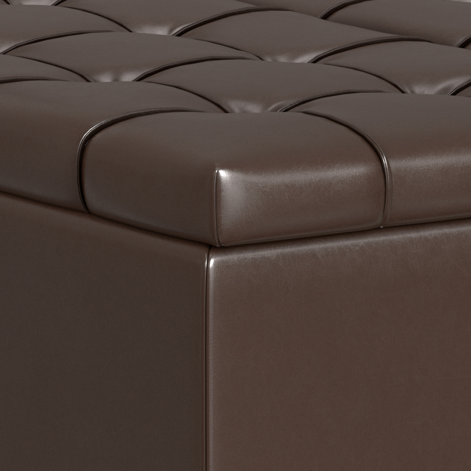Simpli Home Harrison 40 inch Wide Transitional Square Large Coffee Table Storage Ottoman in Chocolate Brown Vegan Faux Leather