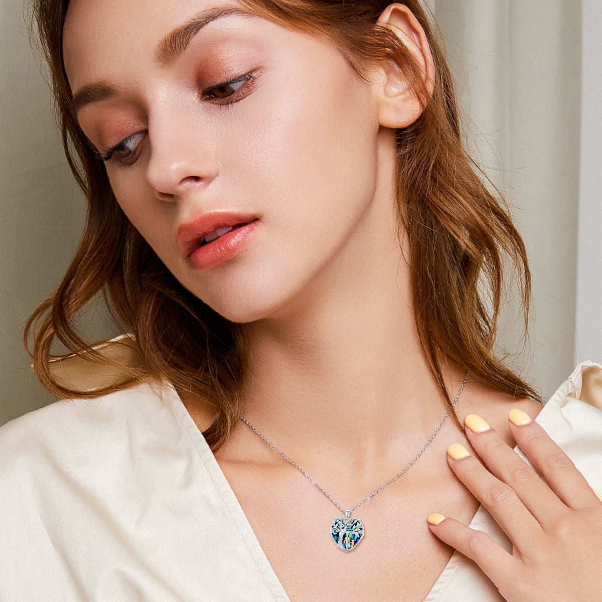 WINNICACA S925 Sterling Silver Tree of Life Father Daughter Necklace Heart Pendant Necklace Abalone Shell Jewelry Birthday Anniversary Valentines Mothers Day Gifts for Women