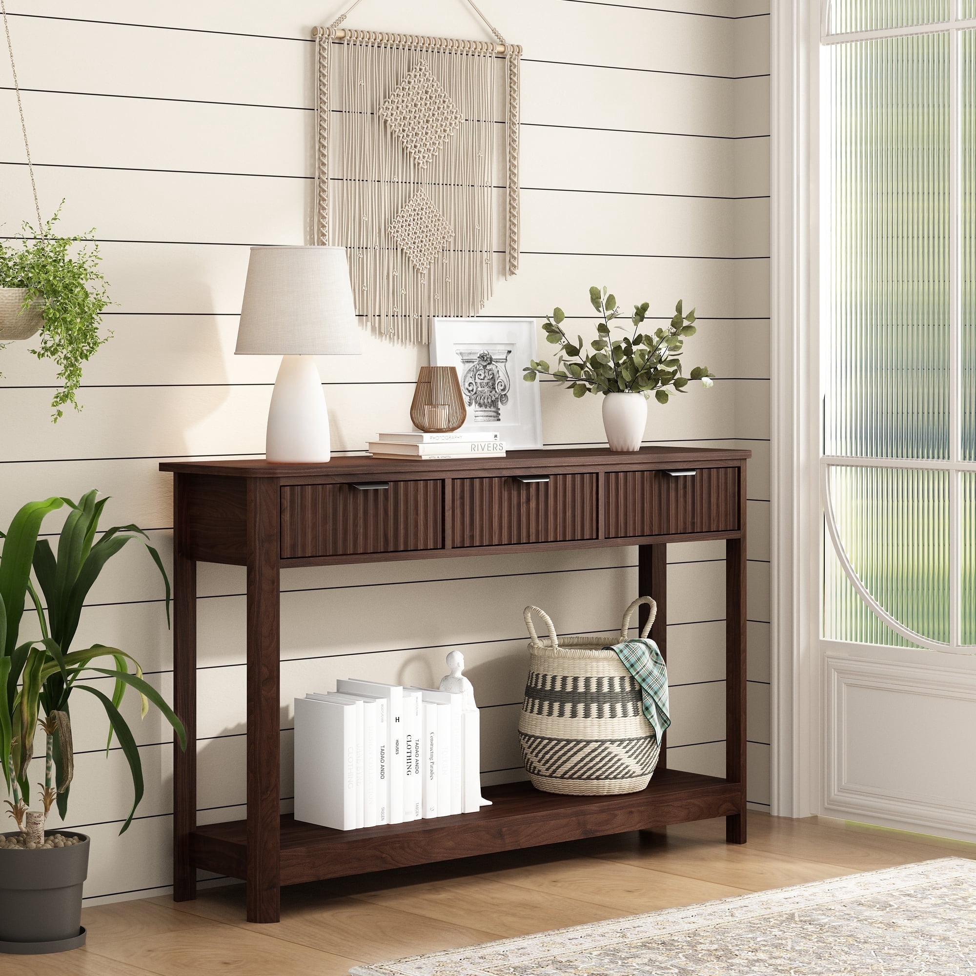47" Console Table with 3 Drawers,Fluted Sofa Table, Entryway Table with Storage Shelf for Living room,Hallway and Bedroom,Brown