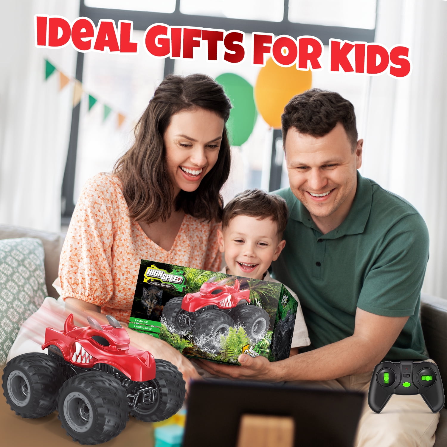 UQN Remote Control Dinosaur Toy Cars for Kids, 2.4 GHz RC Monster Trucks for Boy with Spray, All Terrain RC Dinosaur Car, Christmas Birthday Gifts for ages 3 4 5 4 6 7 8 Boys Toys, Red