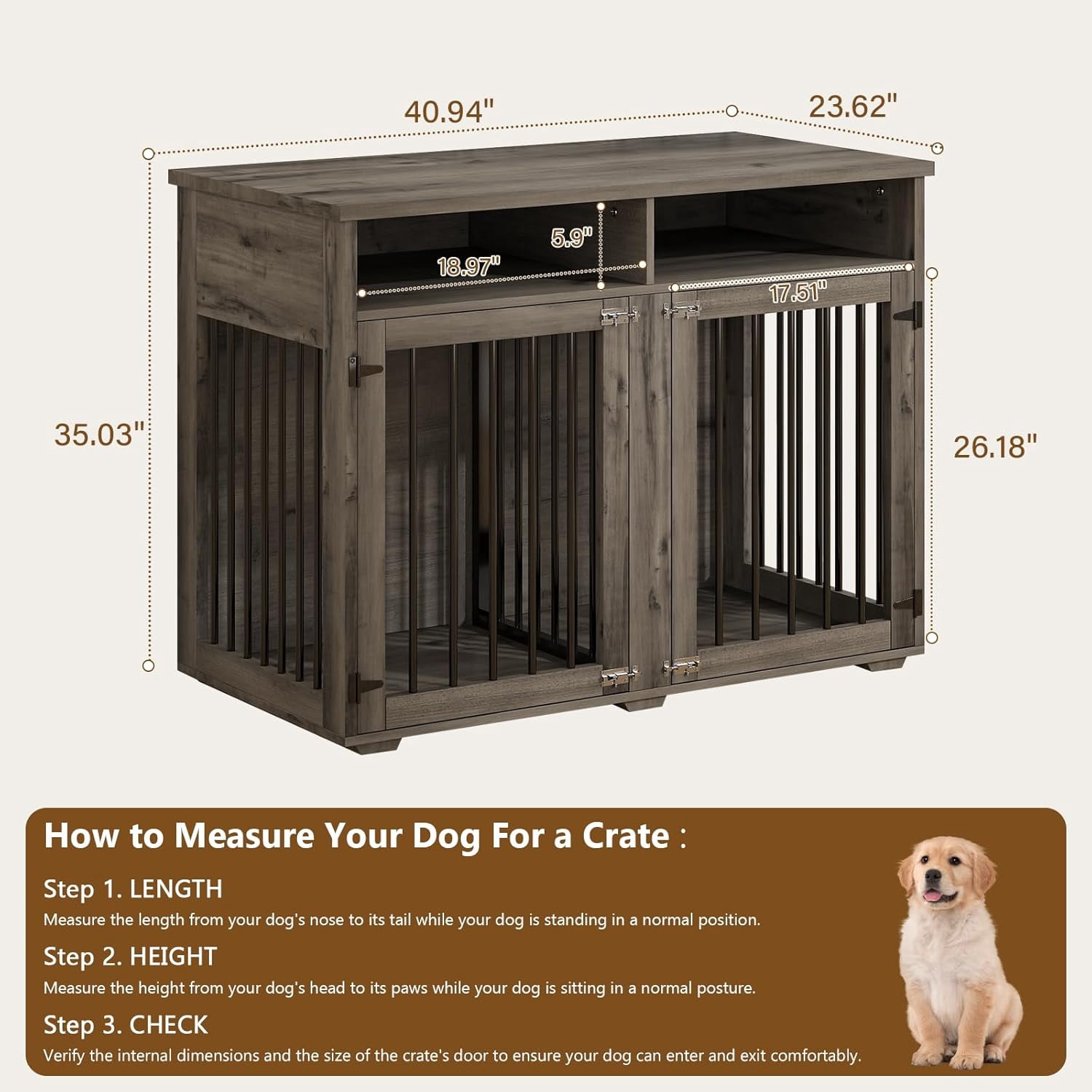 DreamCurship 41 Inch Dog Crate Furniture, 2-Door Wooden Dog Crate Kennel Furniture with Divider, Indoor Dogs Kennel for Small to Medium, Rust Brown