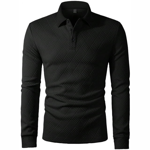 Adult Mens Polos Shirt Long Sleeve Button Polo Tees Basic Black Men Shirts