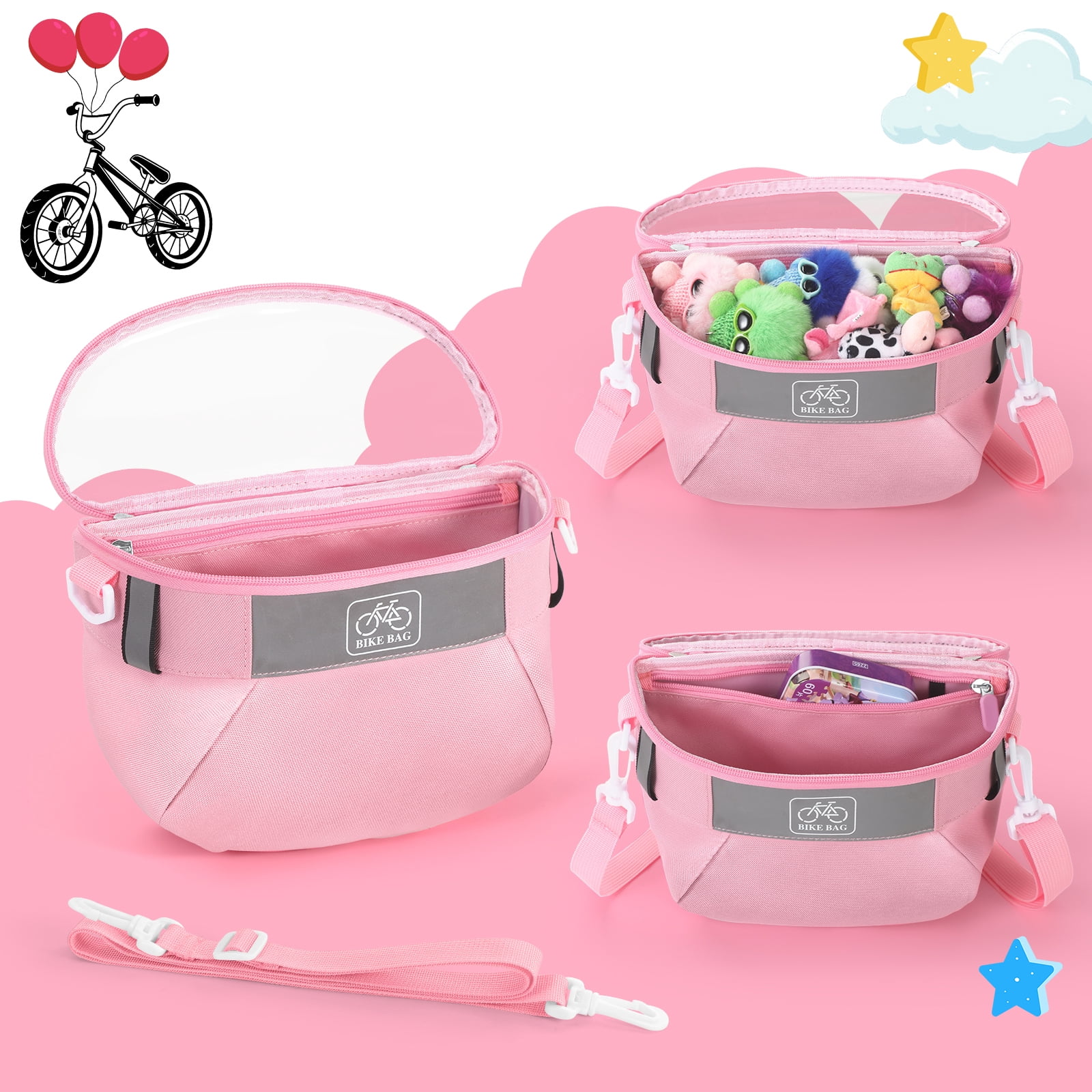Yucurem Durable Kids Bike Basket, Waterproof Bicycle Front Basket Handlebar Bag with Reflective Safety Straps, Fabric Bicycle Basket for Boys & Girls (Pink)