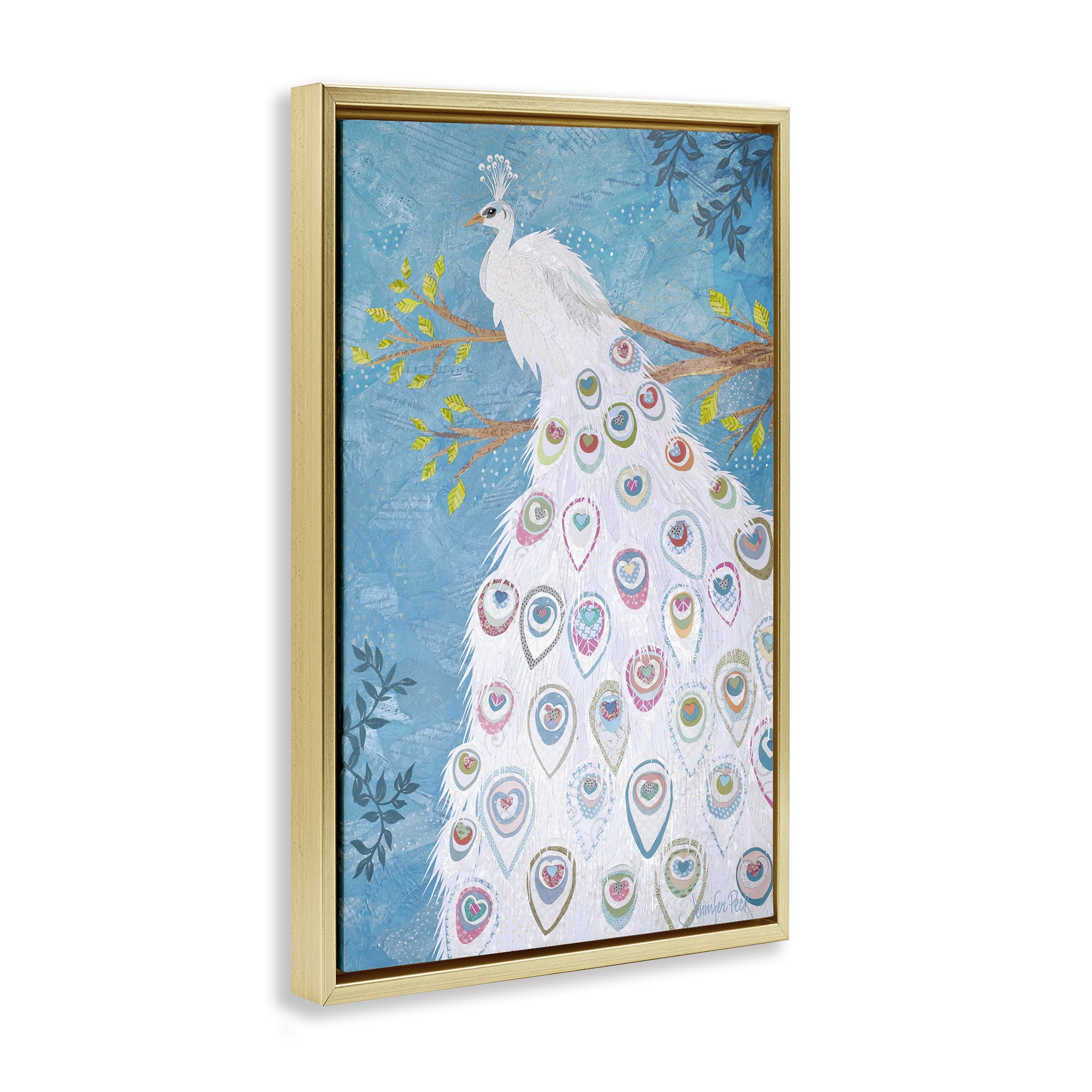 Stupell Industries White Patterned Peacock Animals & Insects Painting Gold Floater Framed Canvas Art Print Wall Art, 17 x 25