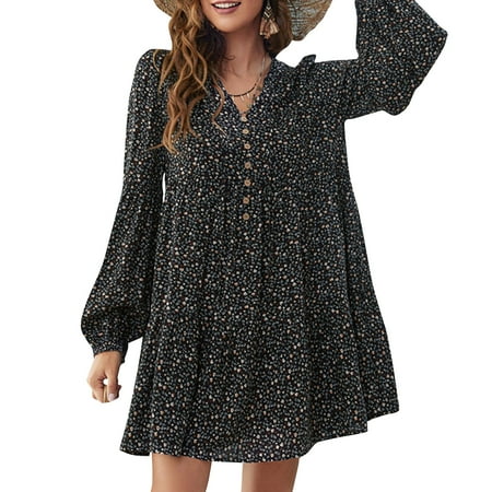 

OWSOO Women Floral Dress Long Sleeve V Neck Holiday Loose Dress
