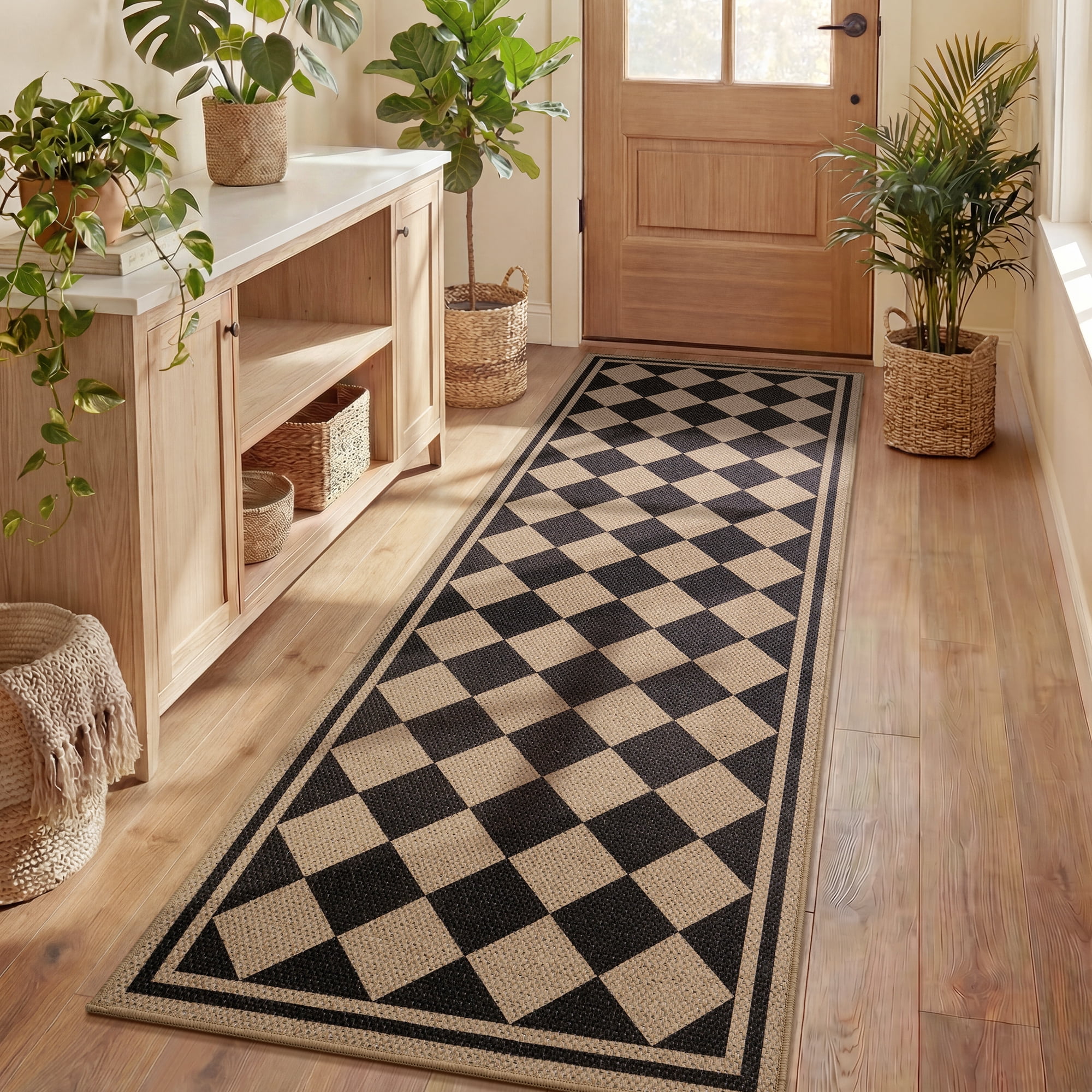 VUNATE Outdoor Rugs Carpet 2'x6' Jute Rug Boho Checkered Washable Patio Rug Distressed Modern Braided Area Rugs Black Indoor Outdoor Rugs for Living Room Entryway Laundry Balcony