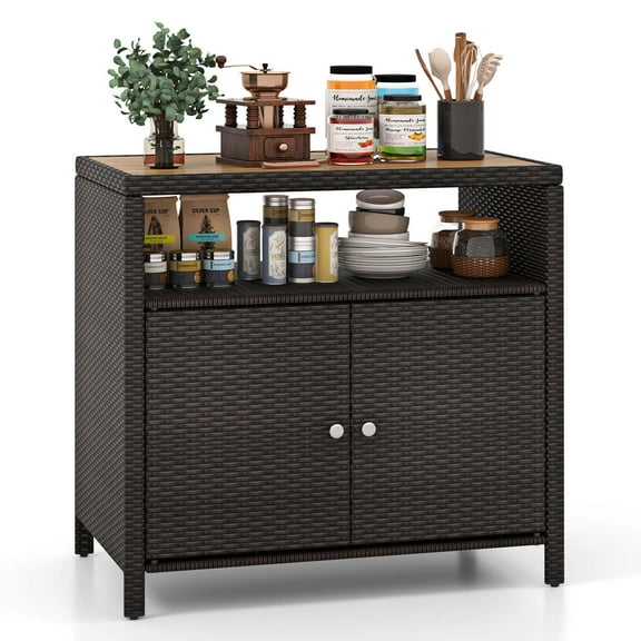 Costway Patio Rattan Storage Cabinet with Acacia Wood Countertop Open Shelf 2 Door Cabinet Mix Brown