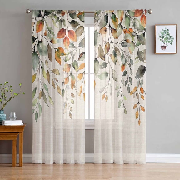 Orange Green Eucalyptus Leaves Sheer Curtains 84 Inches Long 2 Panels Set, Window Sheer Curtains for Living Room/Bedroom, Fall Botanical Rustic Light Filtering Rod Pocket Curtain 52'' x 84'' x 2