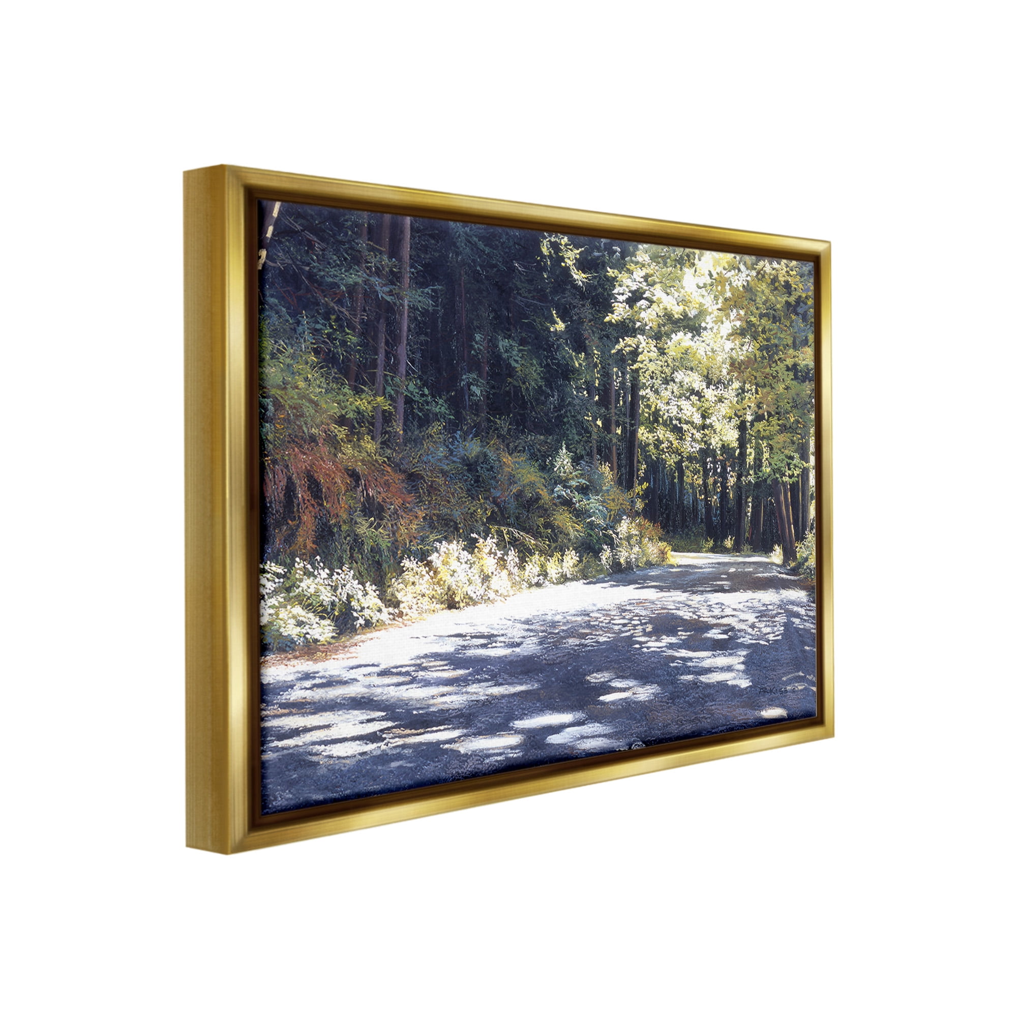 Stupell Industries Sunlit Woodland Road Landscape Painting Gold Floater Framed Canvas Art Print Wall Art, 31 x 25