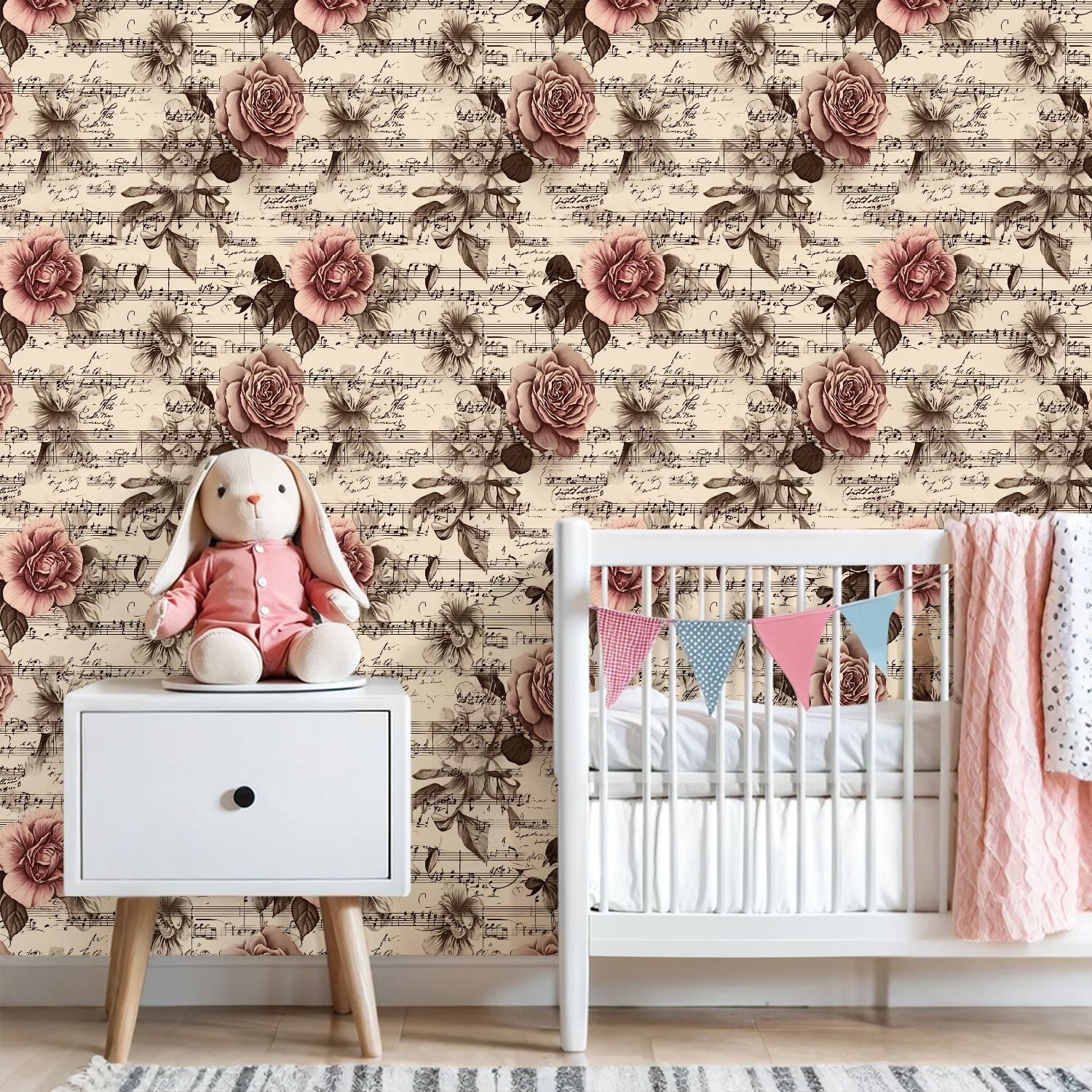 Peel and Stick Wallpaper Roses Floral Vintage Sheet Music Sepia Tones Wall Mural 23.6in x 9.8ft Self Adhesive Removable Wall Paper Renter Friendly Wallpaper for Nursery Bedroom Cabinets