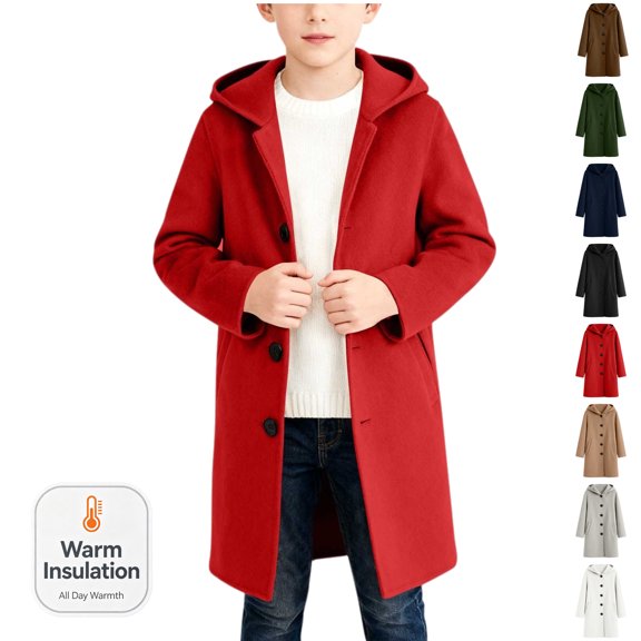 Xdegoge Trench Coat for Boys Button Down Hooded Coats Mid Length Classic Coat Casual Preppy Style Solid Color Jacket Fall Winter Warm Jackets with Pockets Size 5-15
