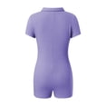 thumbnail image 3 of Women Short Sleeve Ribbed Knit Jumpsuit Button Down Lapel Romper Bodycon One Piece Bodysuit, 3 of 6