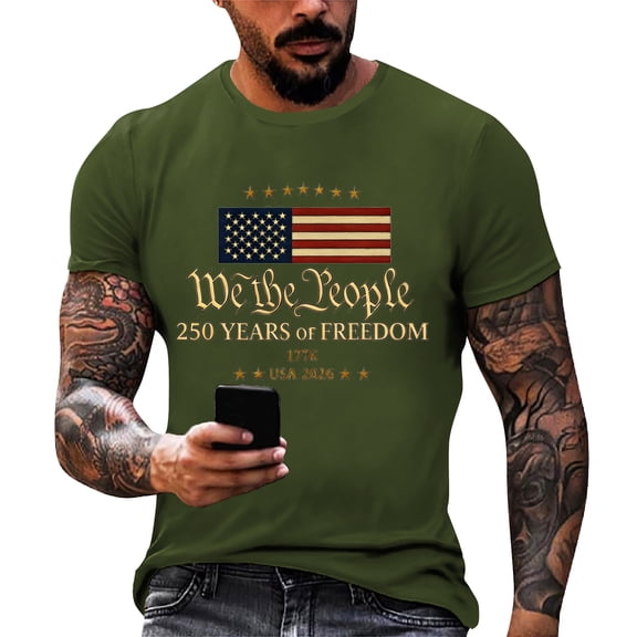 250 Years American Shirt for Men American Flag T Shirt 4th of July Shirts 250 Years Birthday Tees 1776-2026 Print Tops Army Green 3XL