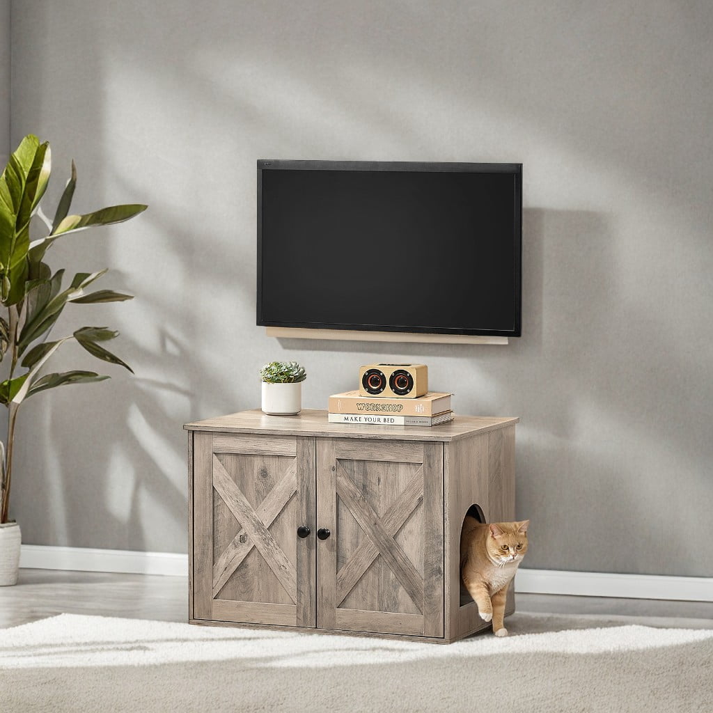 Heather Greige Cat Litter Box Enclosure. Doubles as indoor cat house & end table. Hidden design, sized 27.6 x 19.7 x 19.7 inches.