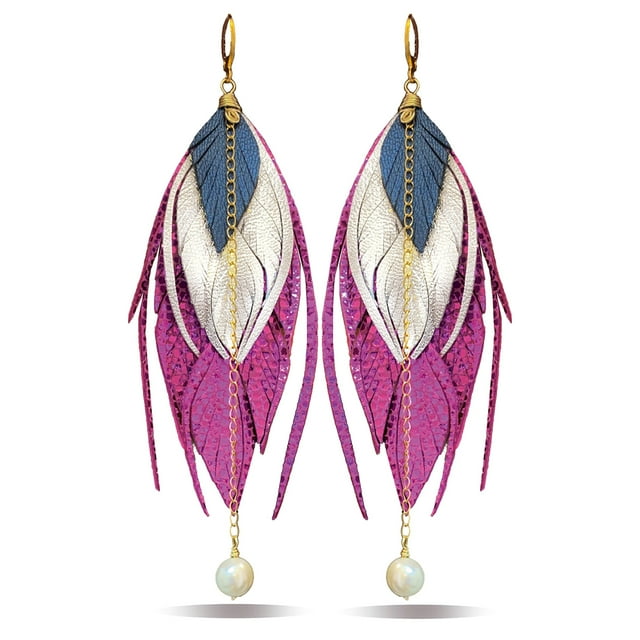 VANGANIA Aretes largos mujer de plumas rosa metálico con baño de oro