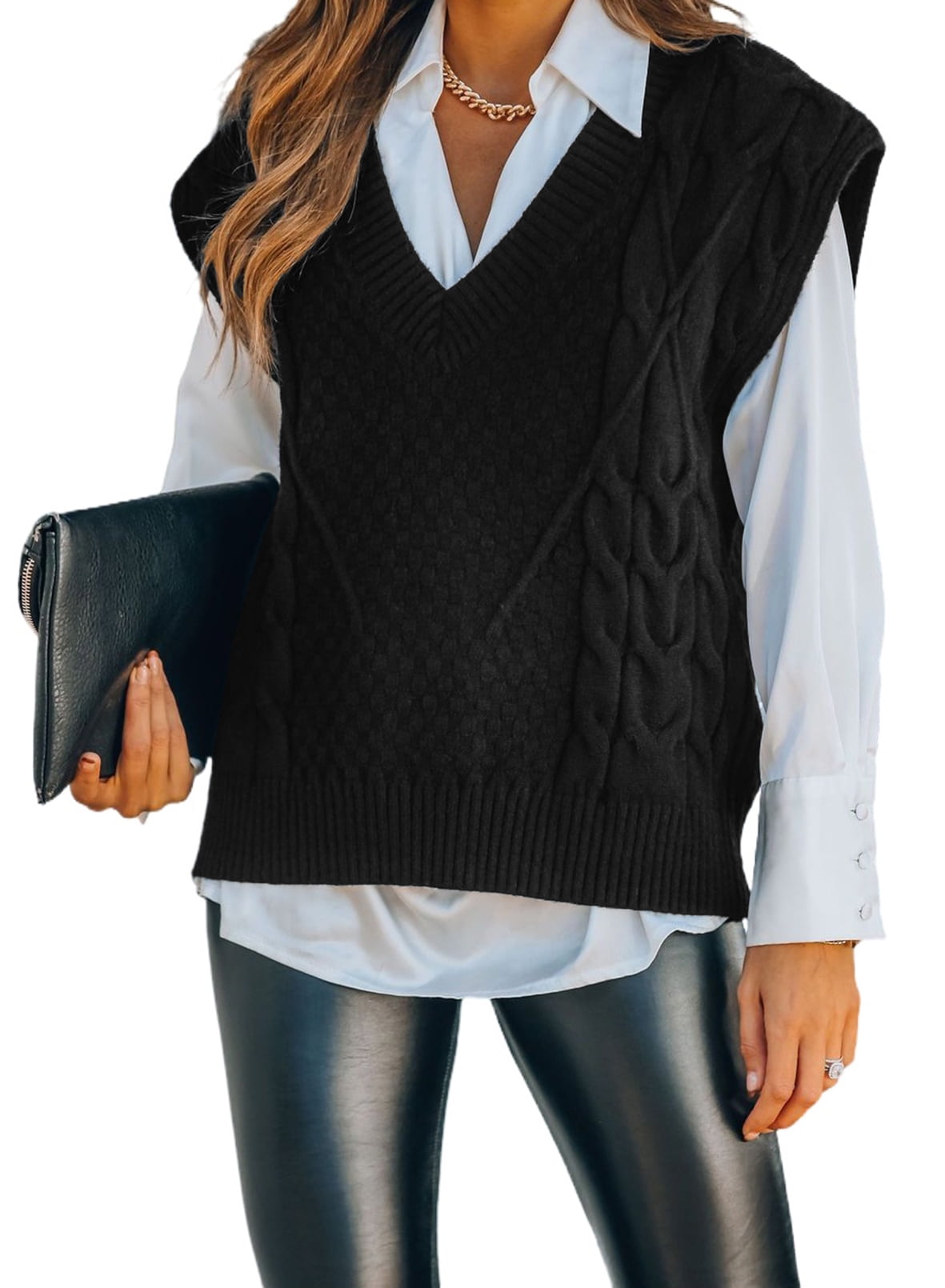 Asvivid Womens Cable Knitted Sweater Vest Casual V Neck Plus Size ...